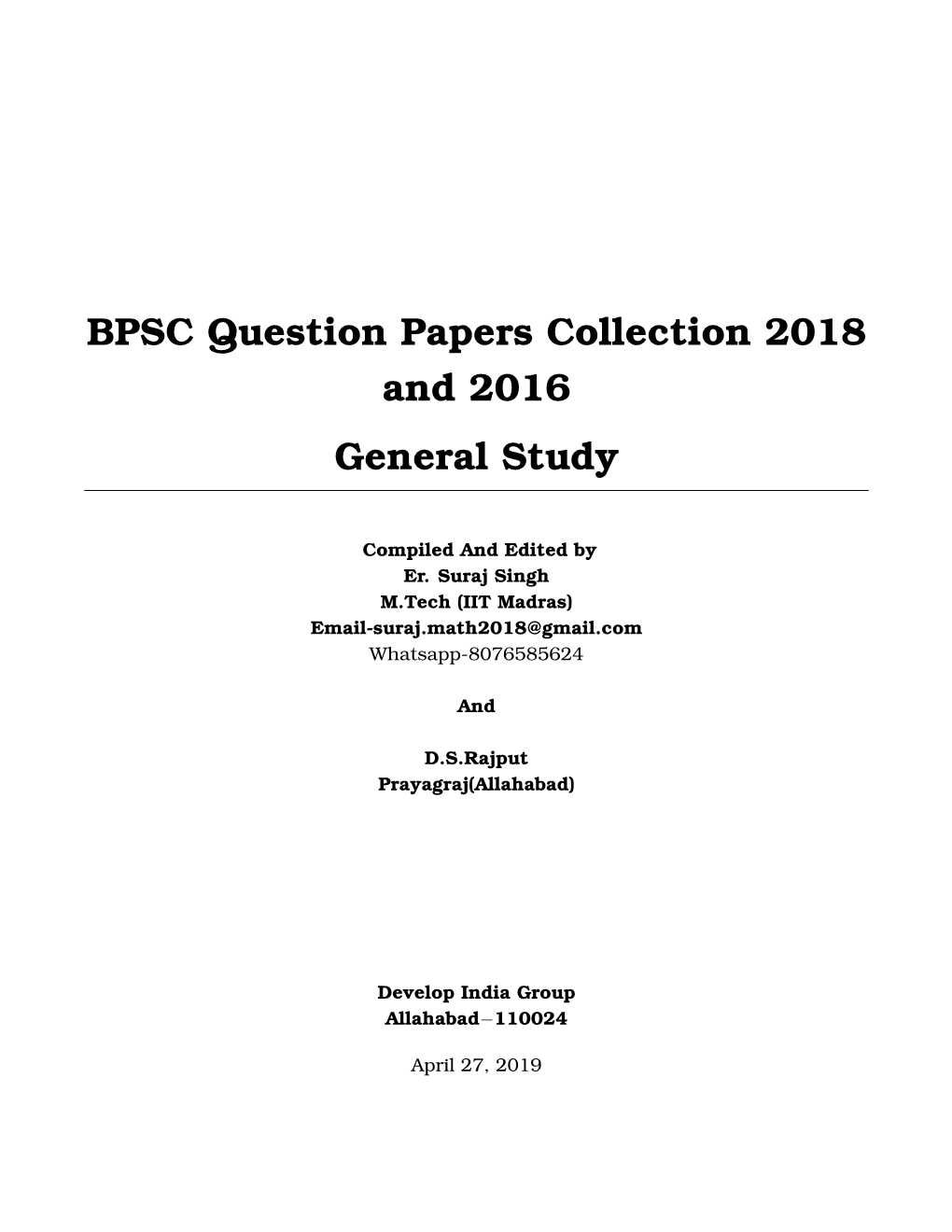 BPSC Question Papers Collection 2018 and 2016 General Study