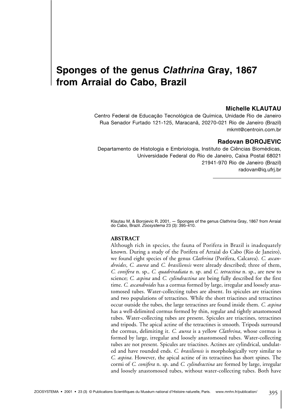 Sponges of the Genus Clathrina Gray, 1867 from Arraial Do Cabo, Brazil