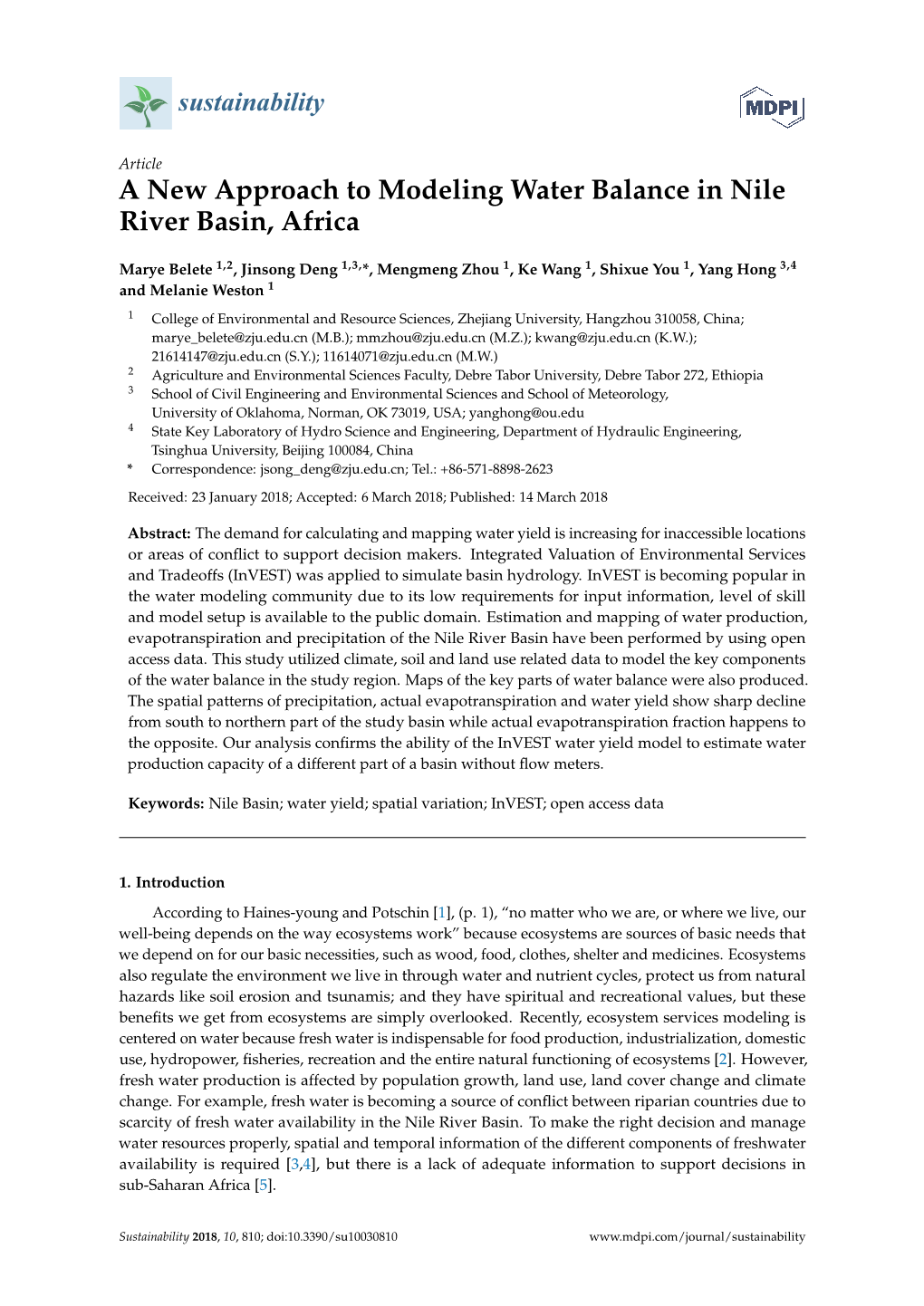 A New Approach to Modeling Water Balance in Nile River Basin, Africa