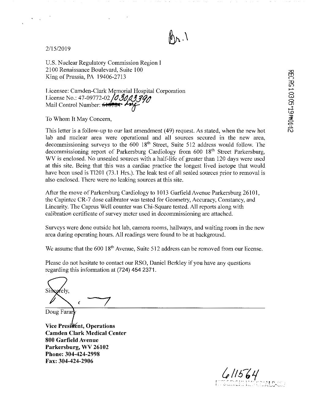 Camden-Clark Memorial Hospital Corporation, Amendment Request Letter Dtd 02/15/19