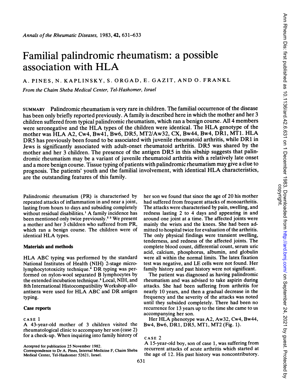 Familial Palindromic Rheumatism: a Possible Association with HLA