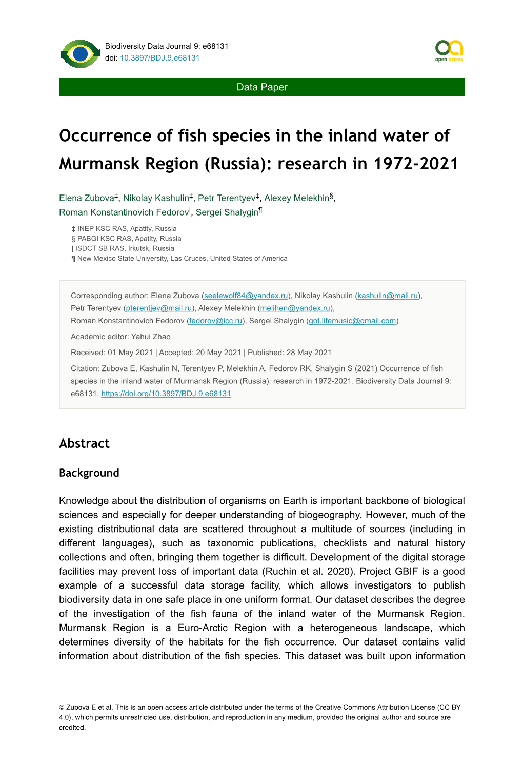 Occurrence of Fish Species in the Inland Water of Murmansk Region (Russia): Research in 1972-2021