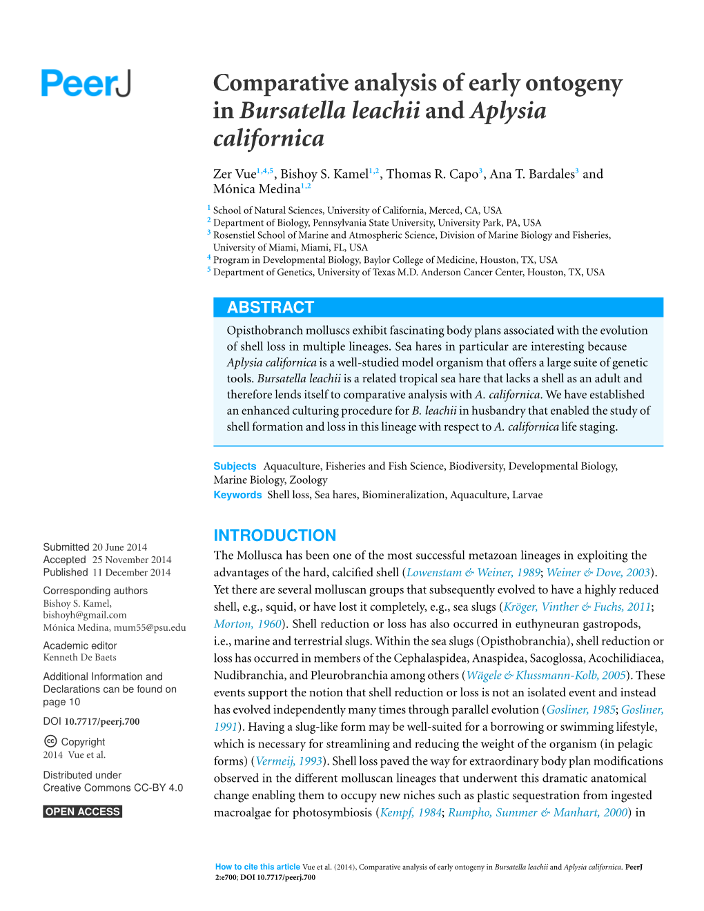 (2014), Comparative Analysis of Early Ontogeny in Bursatella Leachii and Aplysia Californica