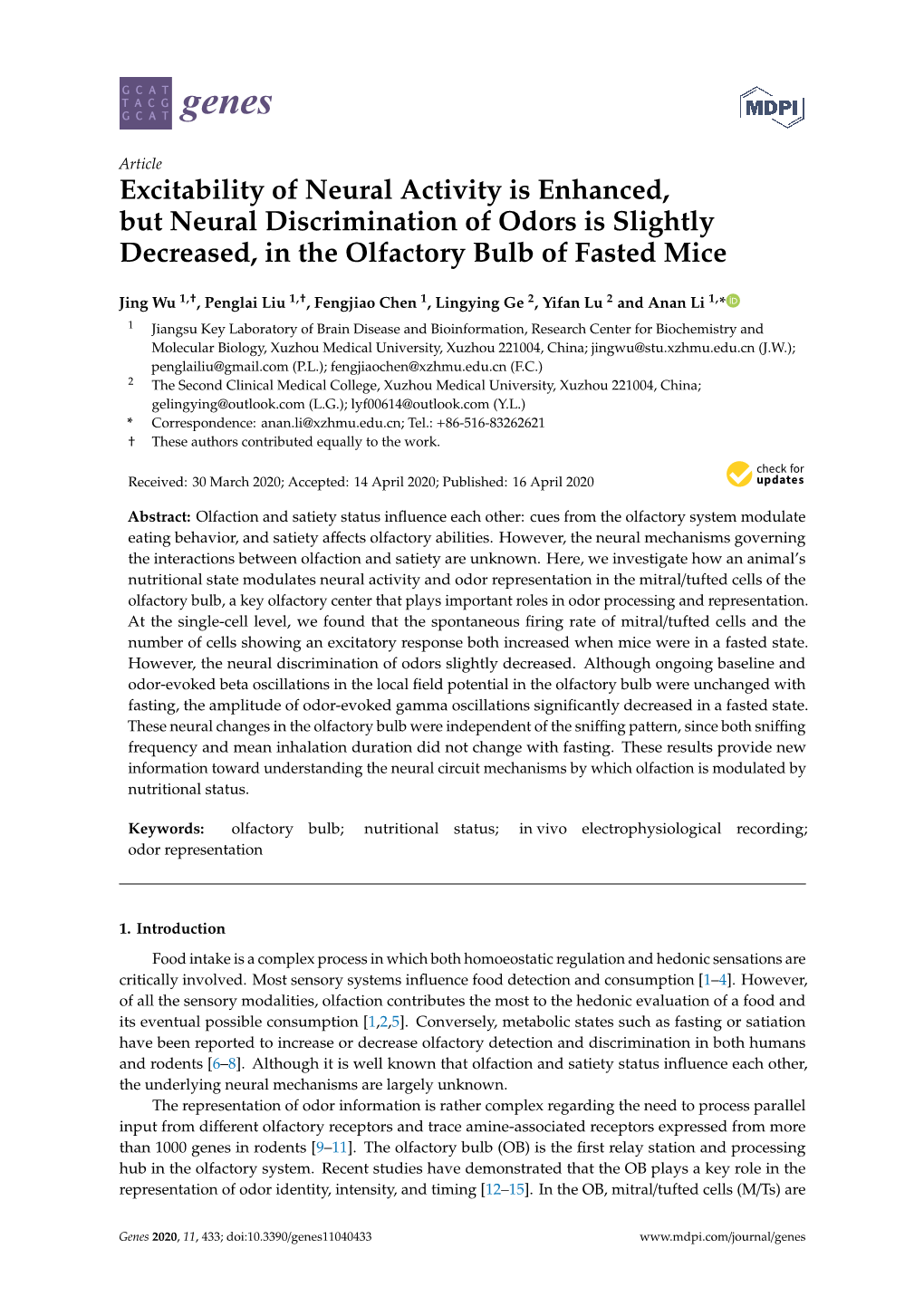 Excitability of Neural Activity Is Enhanced, but Neural Discrimination of Odors Is Slightly Decreased, in the Olfactory Bulb of Fasted Mice