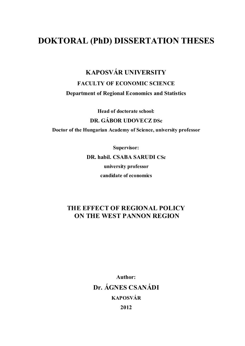 DOKTORAL (Phd) DISSERTATION THESES