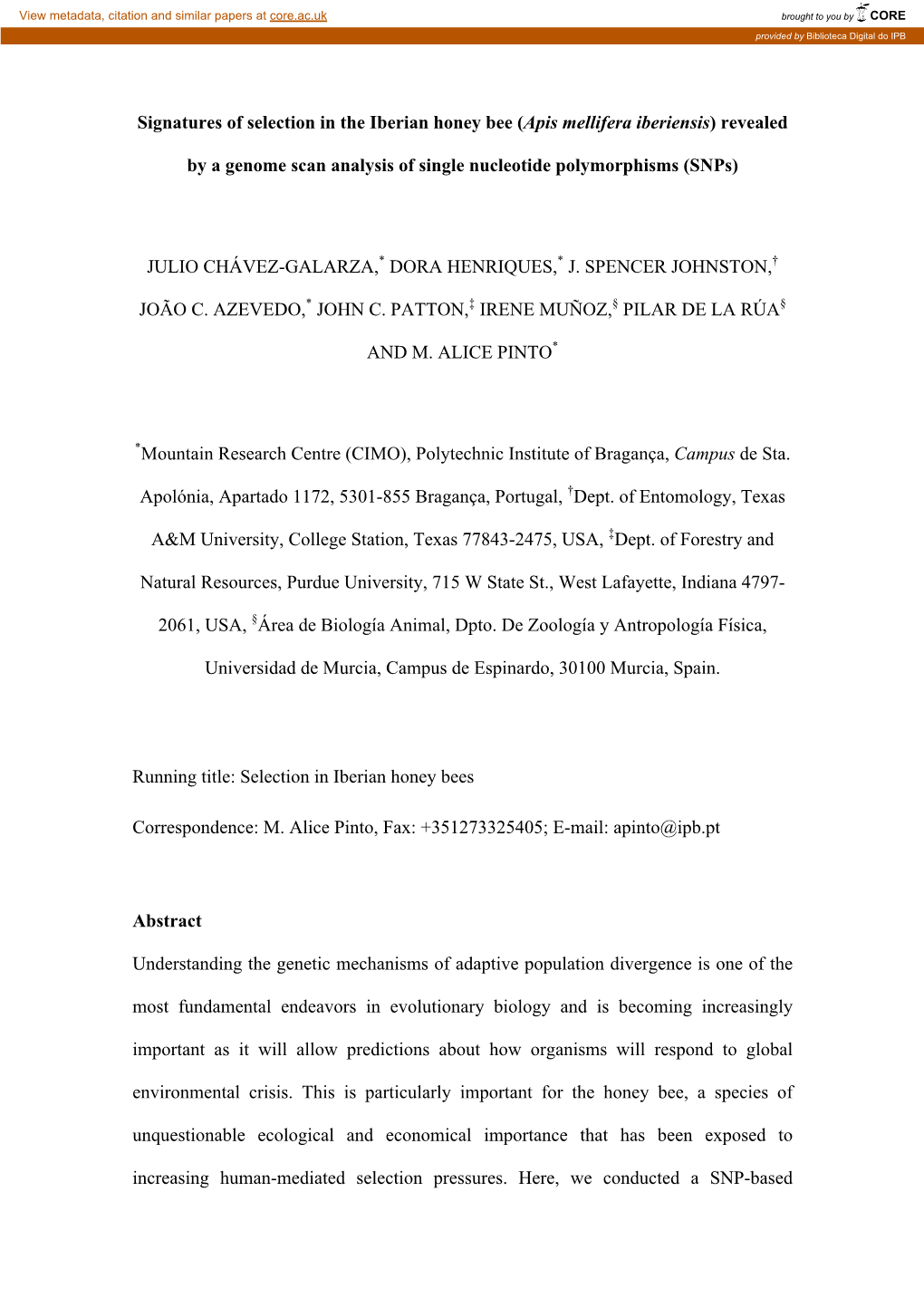 Signatures of Selection in the Iberian Honey Bee (Apis Mellifera Iberiensis) Revealed by a Genome Scan Analysis of Single Nucleo