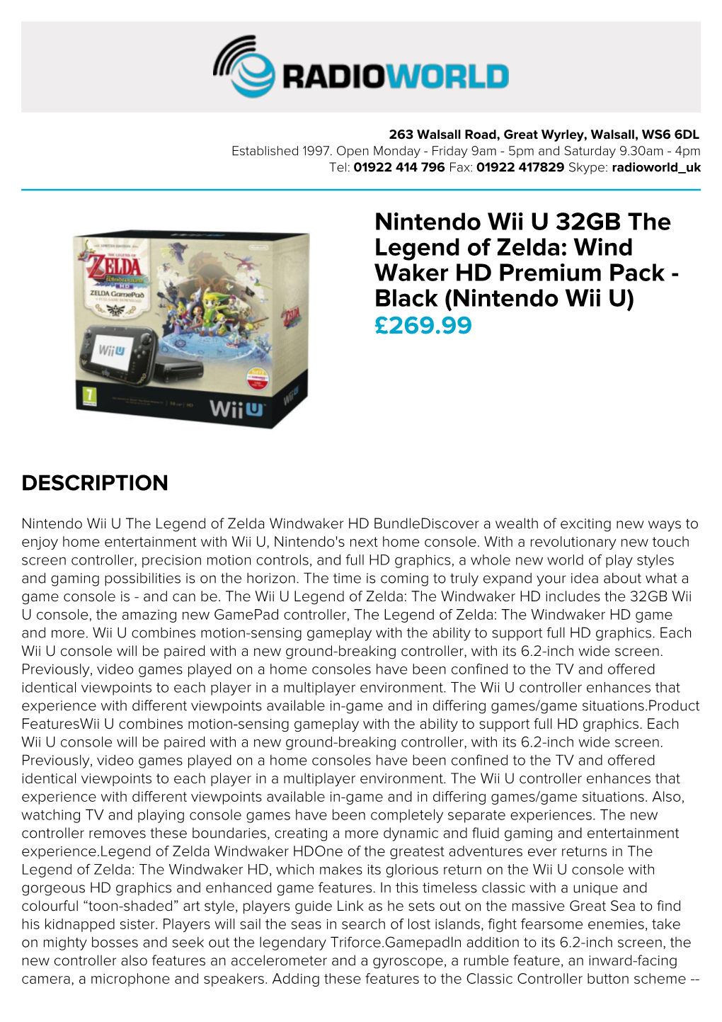 Nintendo Wii U 32GB the Legend of Zelda: Wind Waker HD Premium Pack - Black (Nintendo Wii U) £269.99
