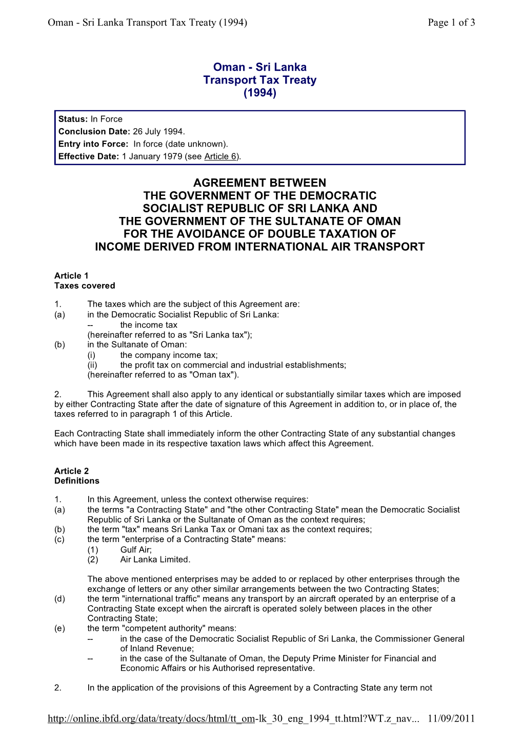 Oman - Sri Lanka Transport Tax Treaty (1994) Page 1 of 3