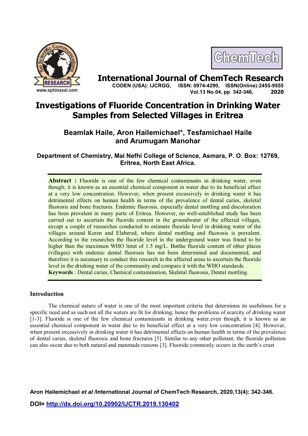 Investigations of Fluoride Concentration in Drinking Water Samples from Selected Villages in Eritrea