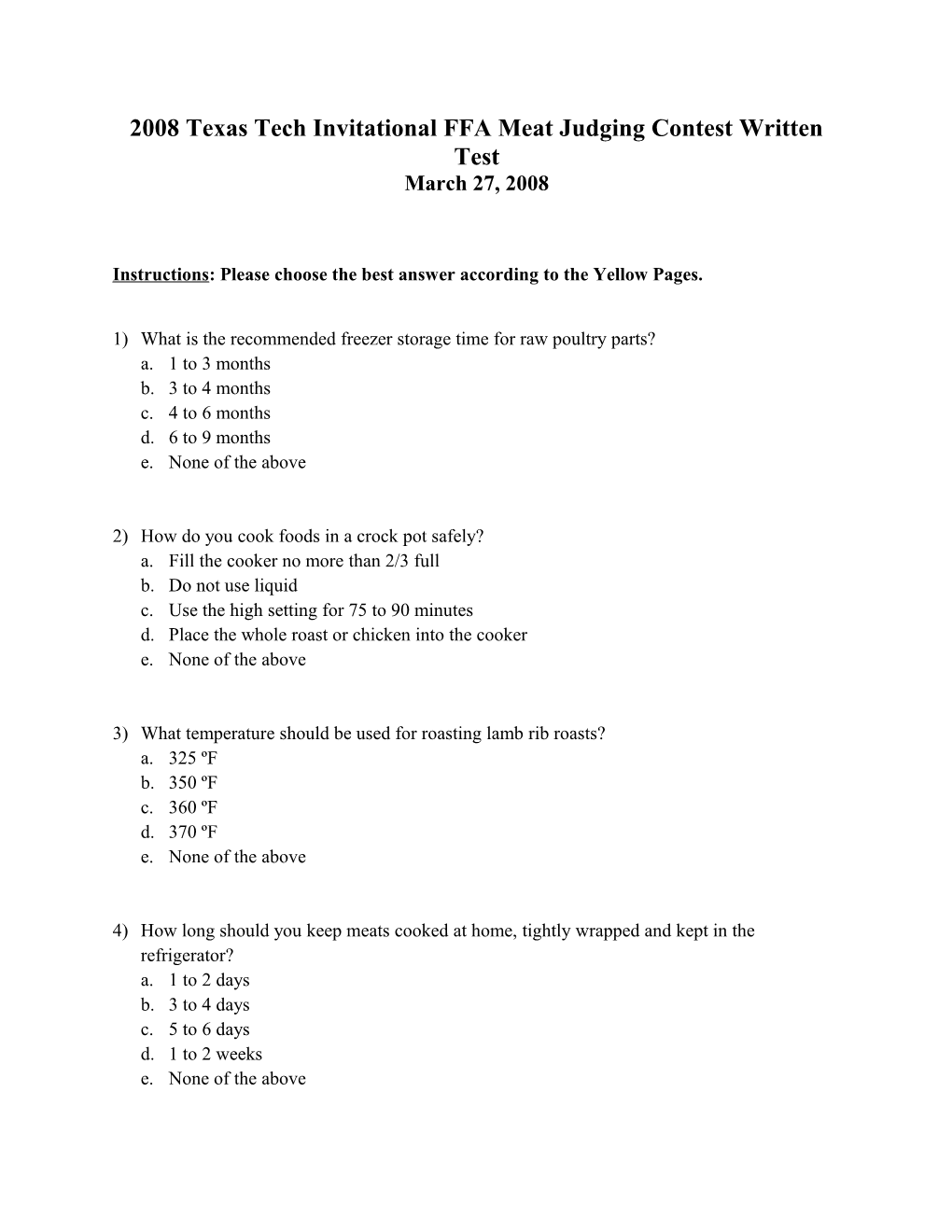 2008 Texas Tech Invitational FFA Meat Judging Contest Written Test