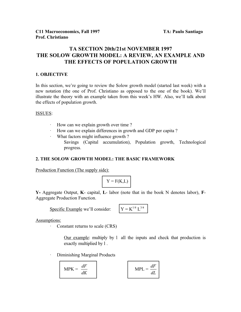 TA SECTION 20Th/21St NOVEMBER 1997 the SOLOW GROWTH MODEL: a REVIEW, an EXAMPLE and the EFFECTS of POPULATION GROWTH