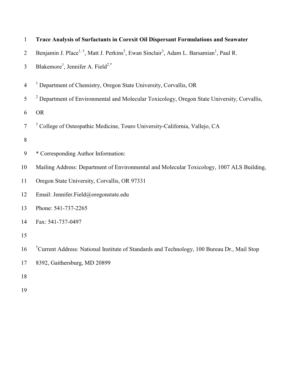 Trace Analysis of Surfactants in Corexit Oil Dispersant Formulations and Seawater