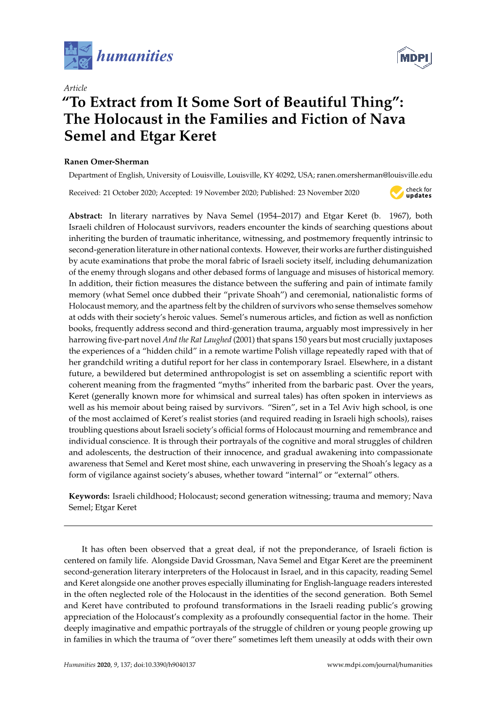 The Holocaust in the Families and Fiction of Nava Semel and Etgar Keret