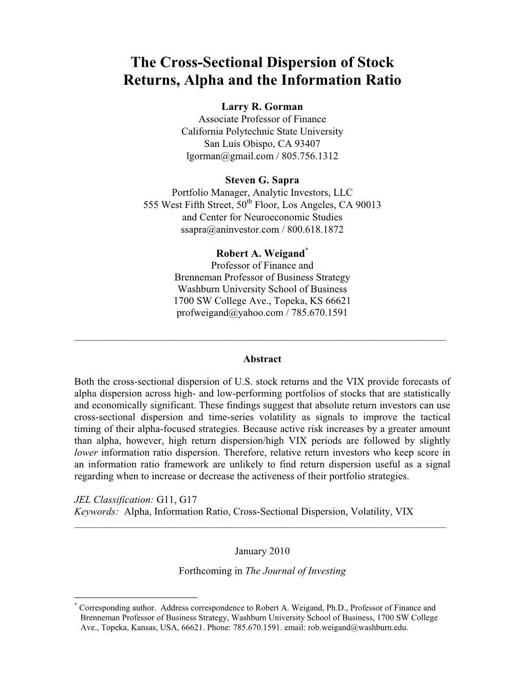 The Cross-Sectional Dispersion of Stock Returns, Alpha and the Information Ratio