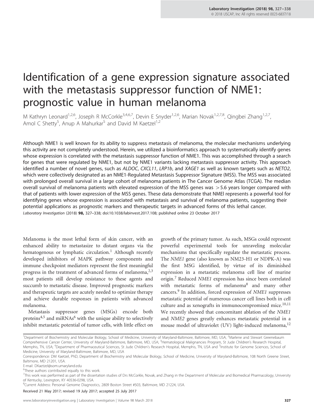 Identification of a Gene Expression Signature Associated with The