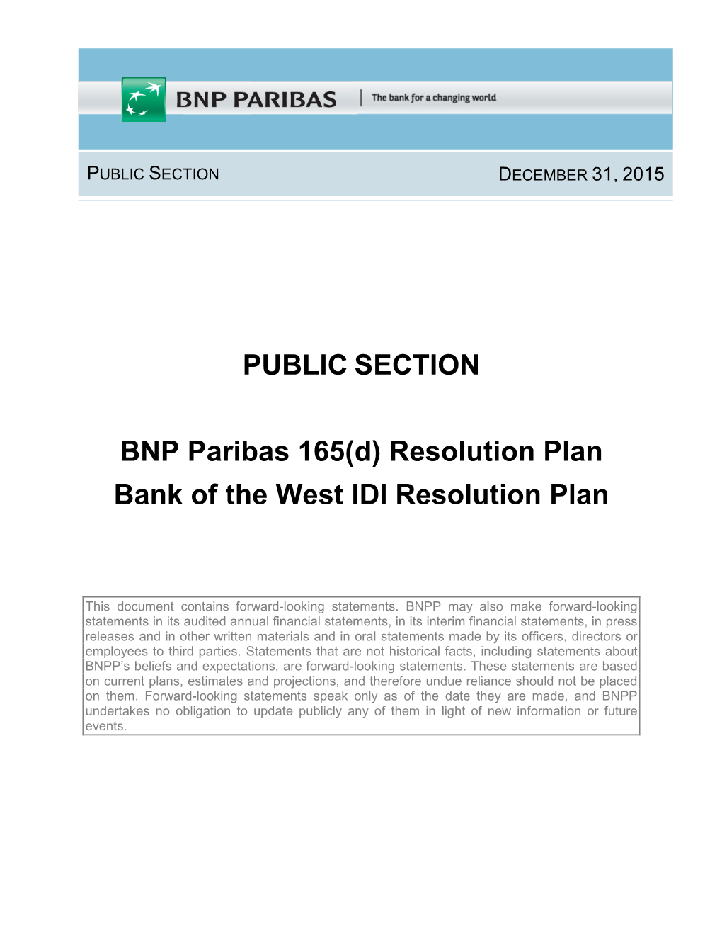 BNP Paribas 165(D) Resolution Plan Bank of the West IDI Resolution Plan