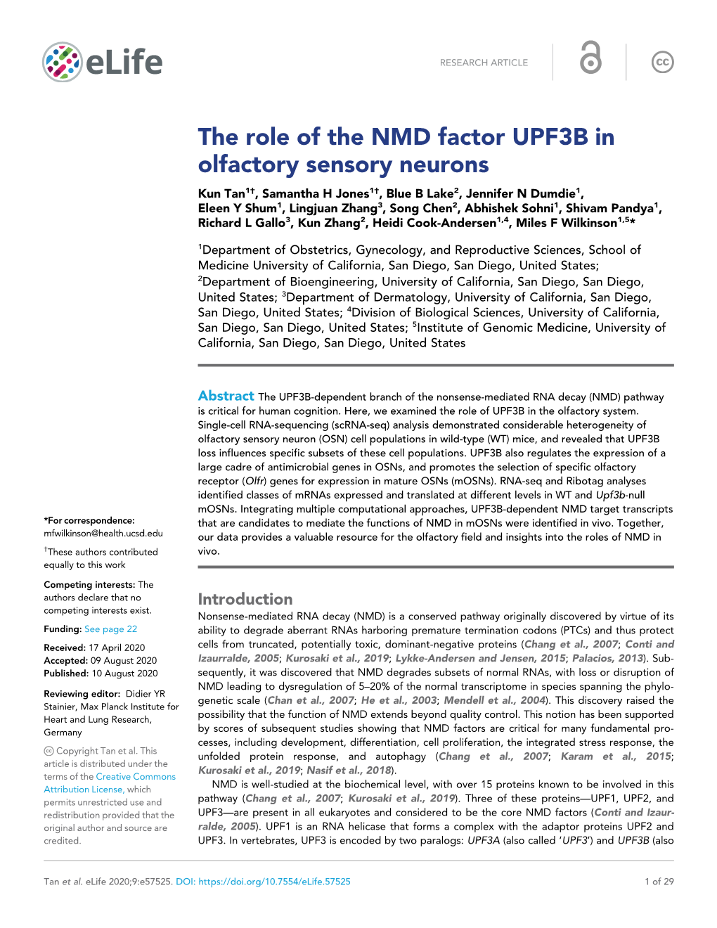 The Role of the NMD Factor UPF3B in Olfactory Sensory Neurons