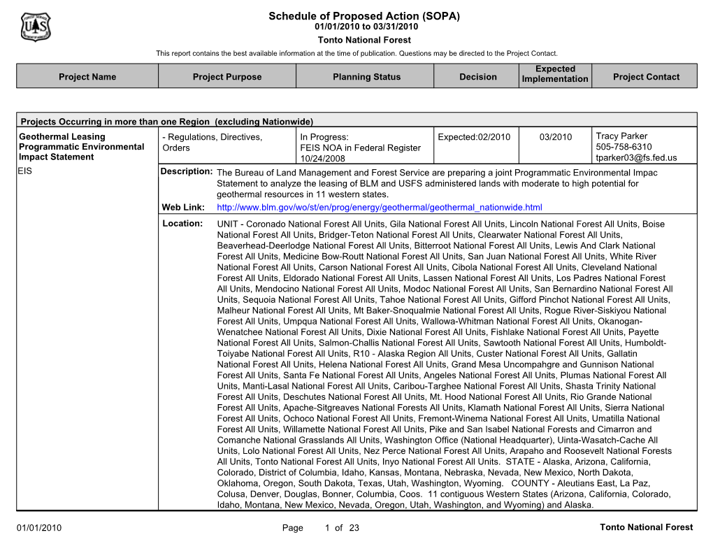 SOPA) 01/01/2010 to 03/31/2010 Tonto National Forest This Report Contains the Best Available Information at the Time of Publication