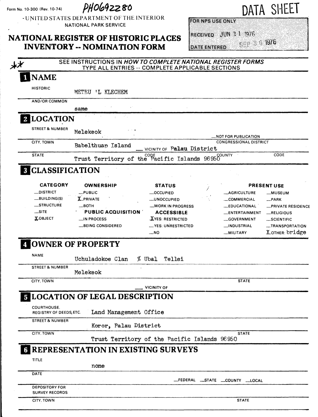 Data Sheet - United States Department of the Interior National Park Service National Register of Historic Places Inventory -- Nomination Form