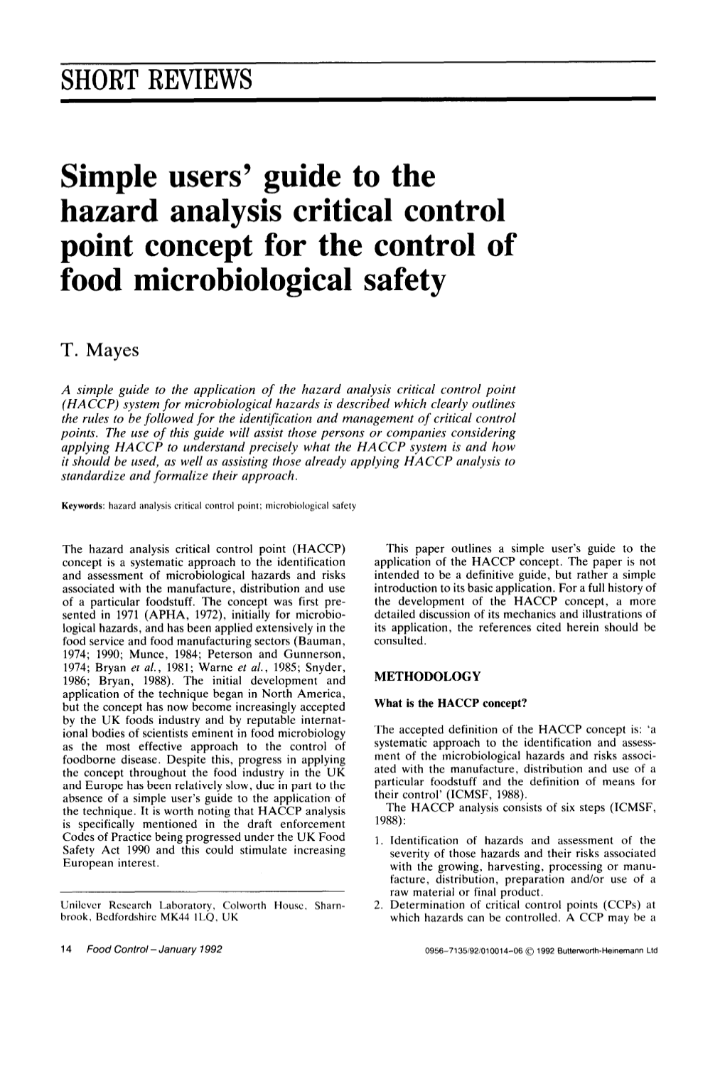 Simple Users' Guide to the Hazard Analysis Critical Control Point