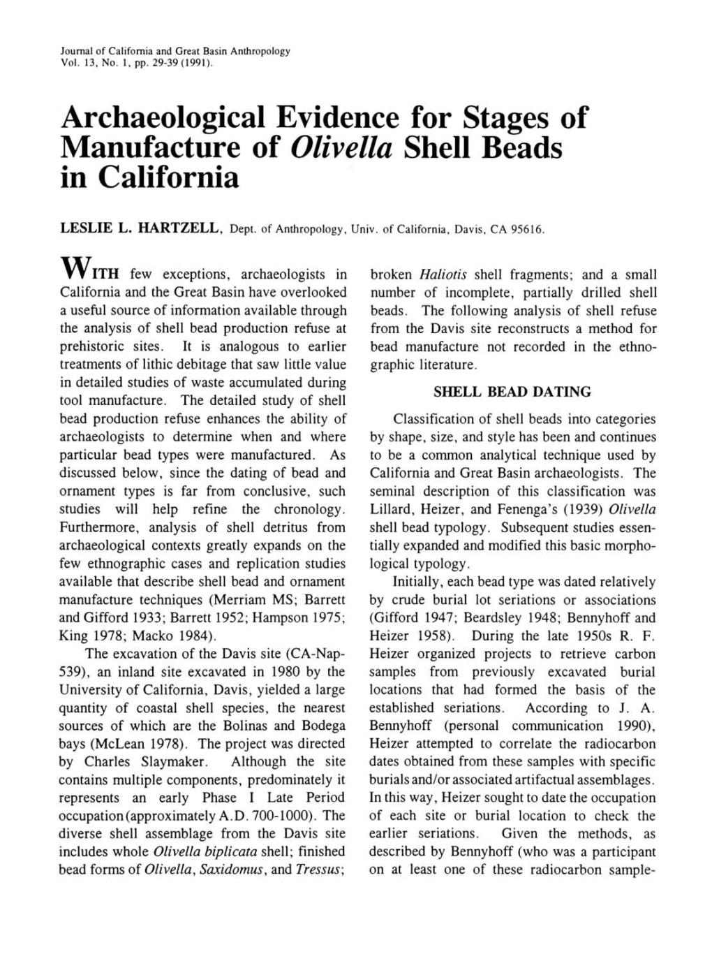Archaeological Evidence for Stages of Manufacture of Olivella Shell Beads in California