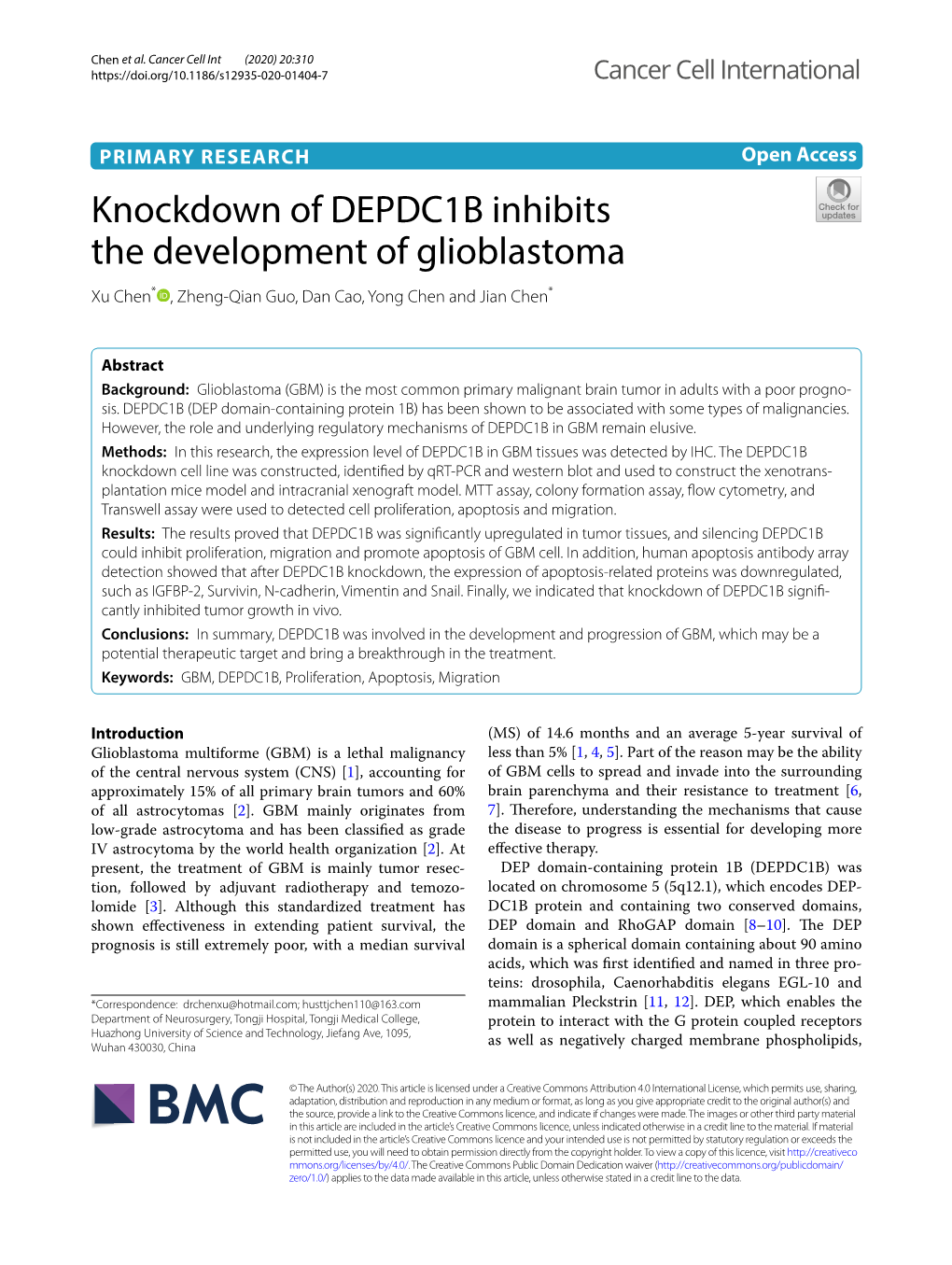 Knockdown of DEPDC1B Inhibits the Development of Glioblastoma Xu Chen* , Zheng‑Qian Guo, Dan Cao, Yong Chen and Jian Chen*