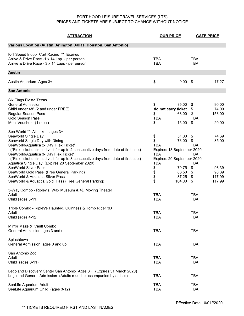 Fort Hood Leisure Travel Services (Lts) Prices and Tickets Are Subject to Change Without Notice