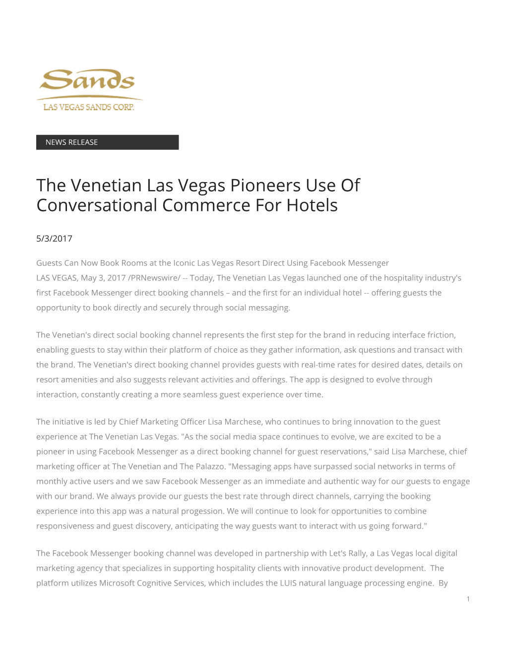 The Venetian Las Vegas Pioneers Use of Conversational Commerce for Hotels