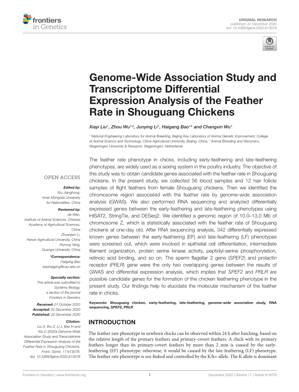 Genome-Wide Association Study and Transcriptome Differential Expression Analysis of the Feather Rate in Shouguang Chickens