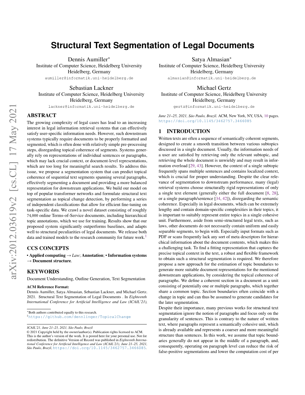 Structural Text Segmentation of Legal Documents