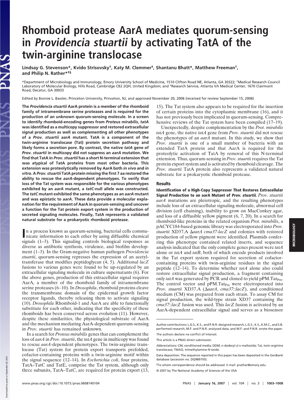 Rhomboid Protease Aara Mediates Quorum-Sensing in Providencia Stuartii by Activating Tata of the Twin-Arginine Translocase