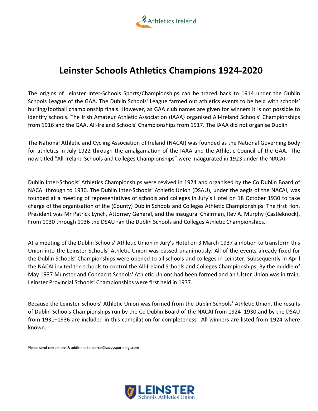 Leinster Schools Athletics Champions 1924-2020