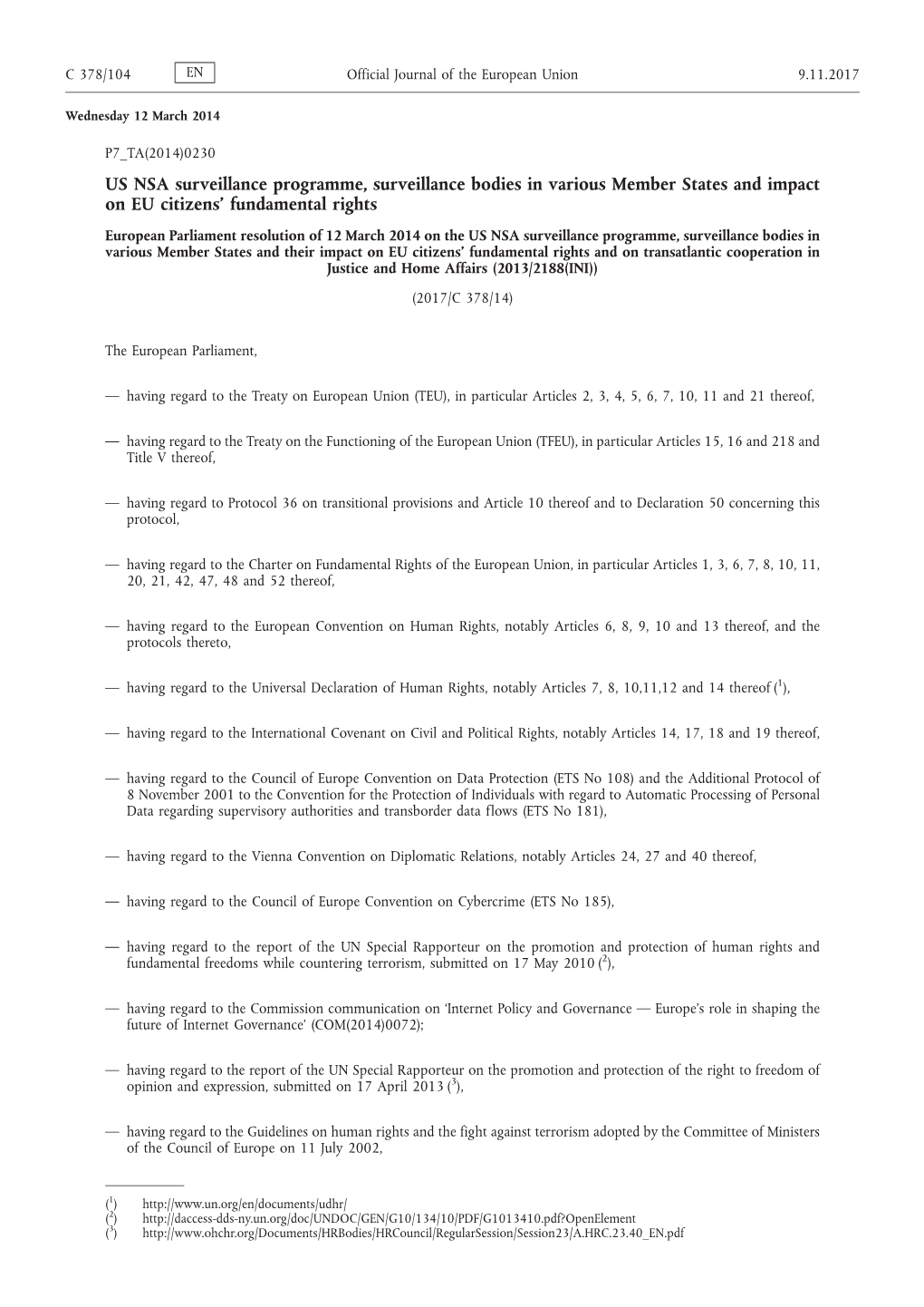 European Parliament Resolution of 12 March 2014 on the US NSA