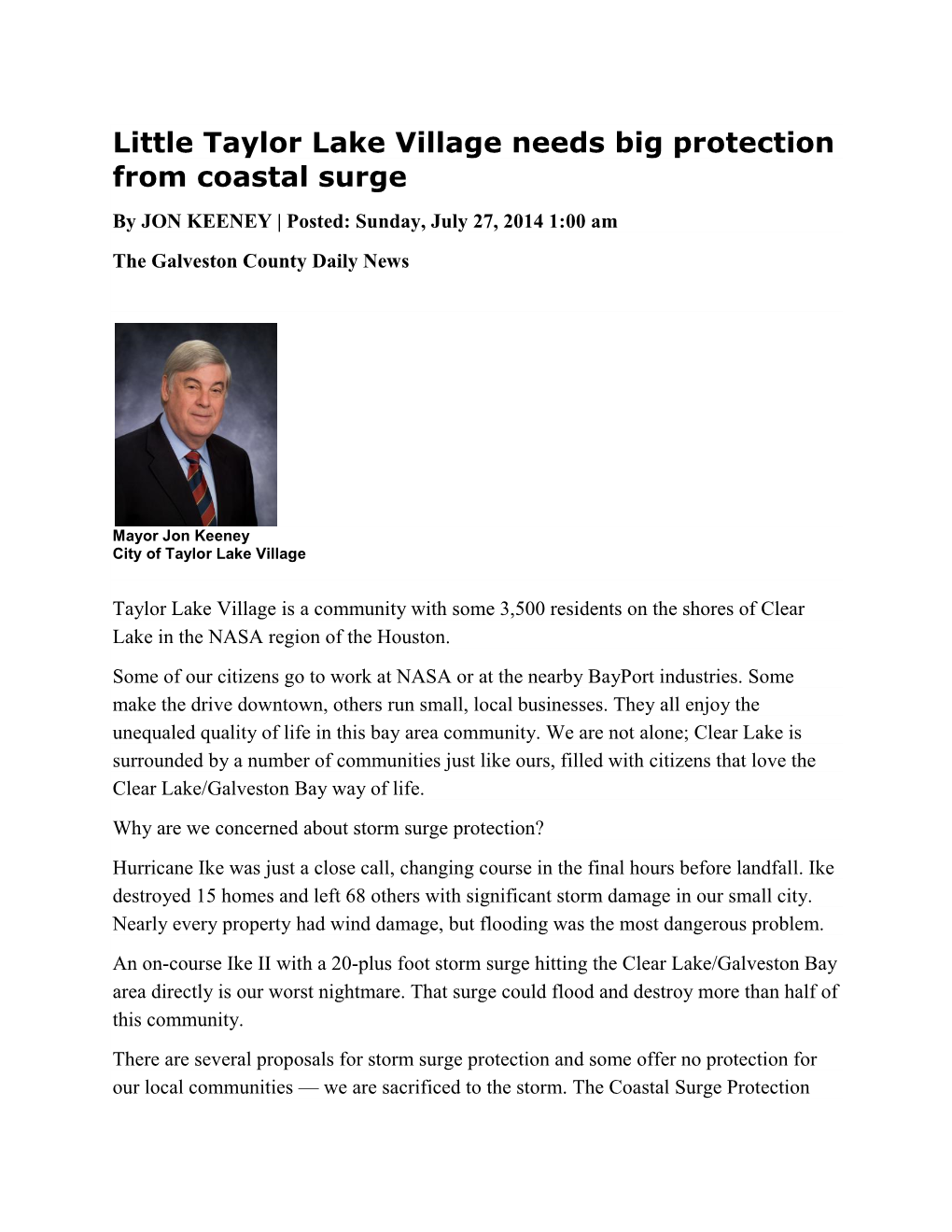 Little Taylor Lake Village Needs Big Protection from Coastal Surge by JON KEENEY | Posted: Sunday, July 27, 2014 1:00 Am the Galveston County Daily News