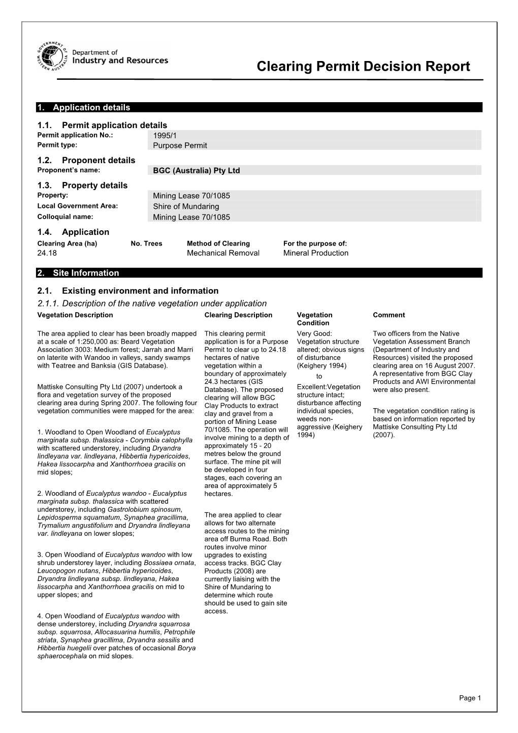 Proforma Reports for Applications to Clear Native Vegetation Under The