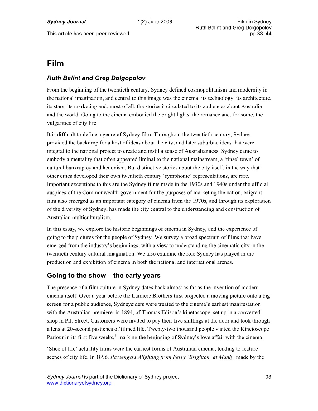 Film in Sydney Ruth Balint and Greg Dolgopolov This Article Has Been Peer-Reviewed Pp 33–44