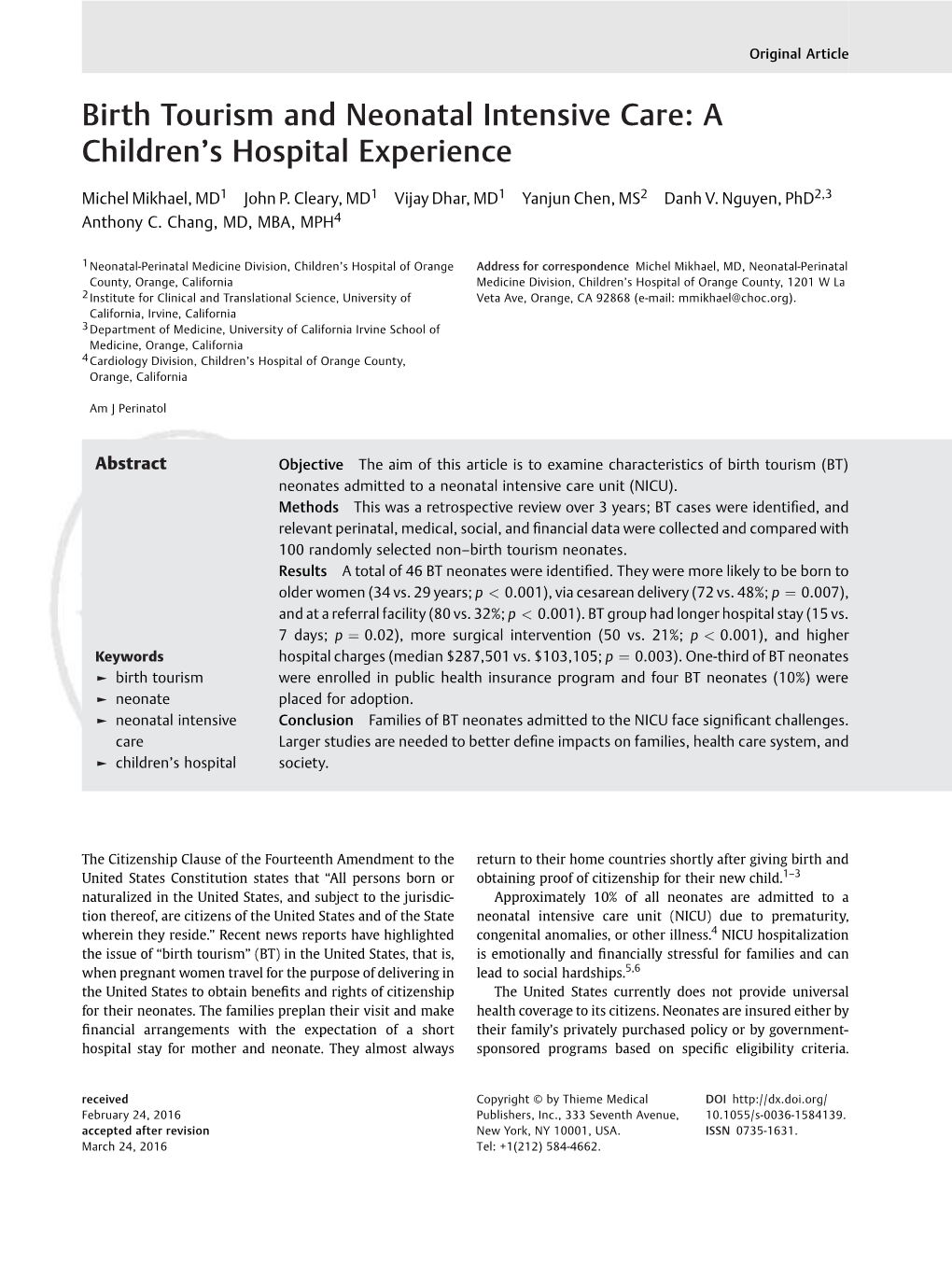 Birth Tourism and Neonatal Intensive Care: a Children’Shospitalexperience