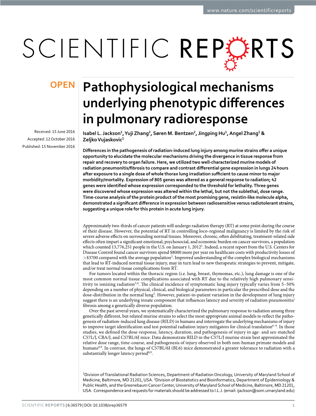 Pathophysiological Mechanisms Underlying Phenotypic Differences in Pulmonary Radioresponse Received: 15 June 2016 Isabel L