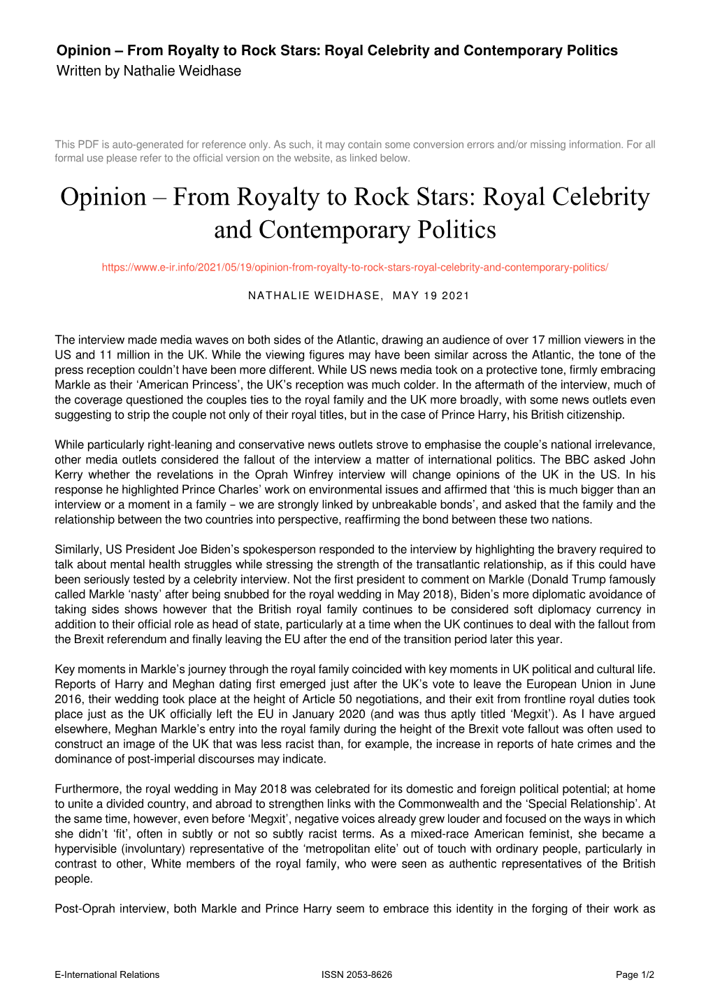 Royal Celebrity and Contemporary Politics Written by Nathalie Weidhase