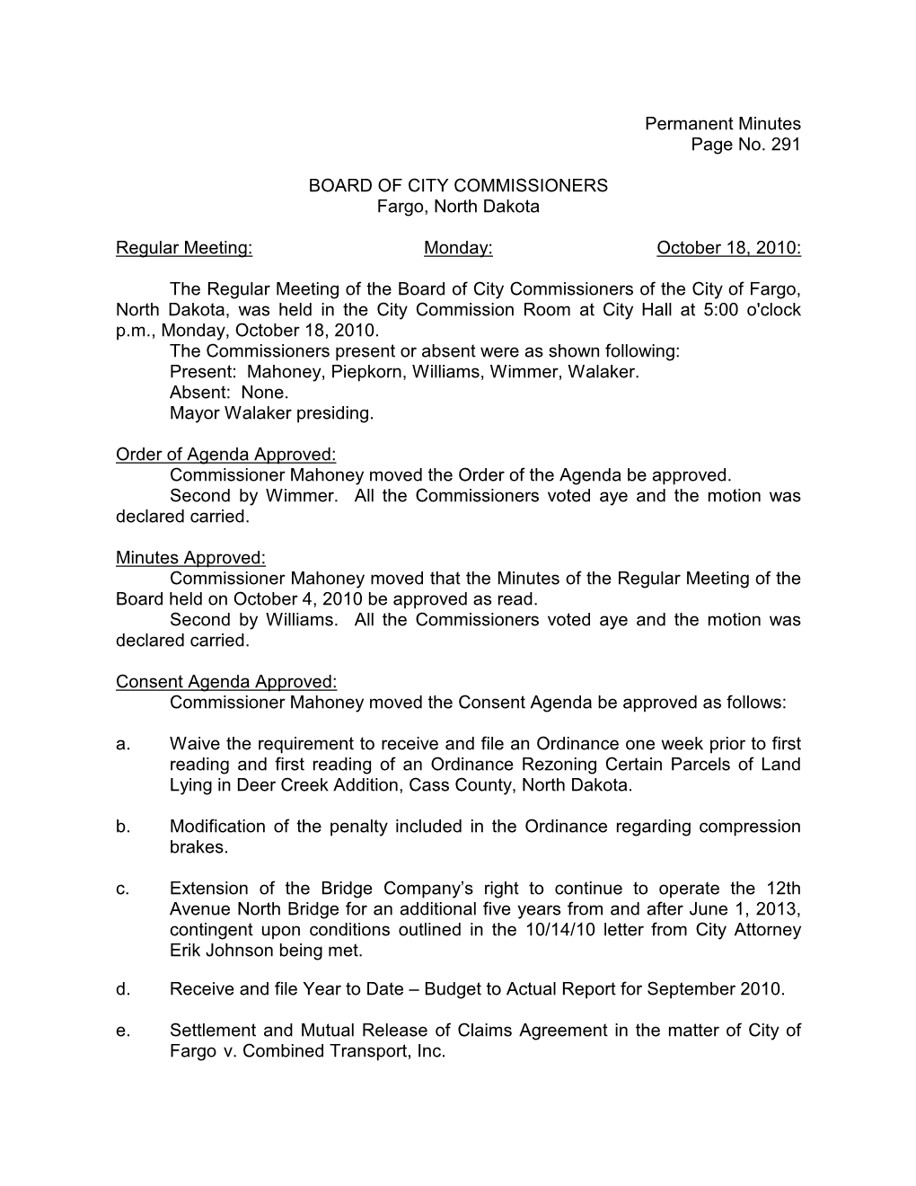 Permanent Minutes Page No. 291 BOARD of CITY