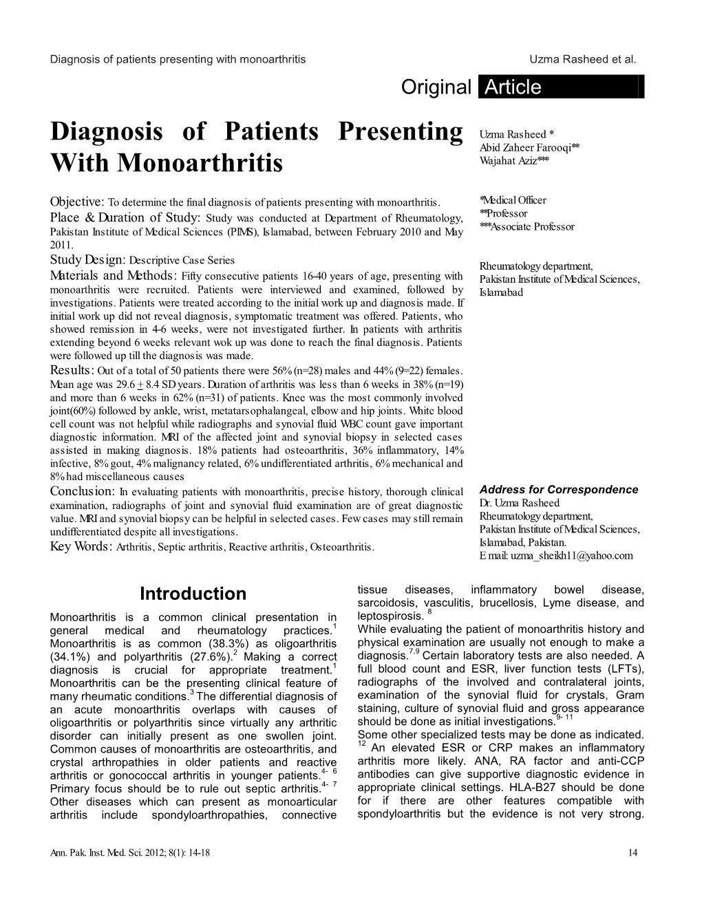 Diagnosis of Patients Presenting with Monoarthritis Uzma Rasheed Et Al