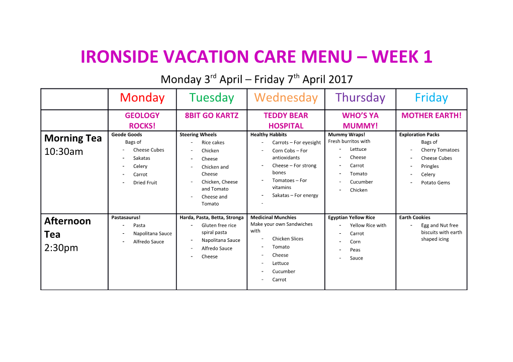 Ironside Vacation Care Menu Week 1