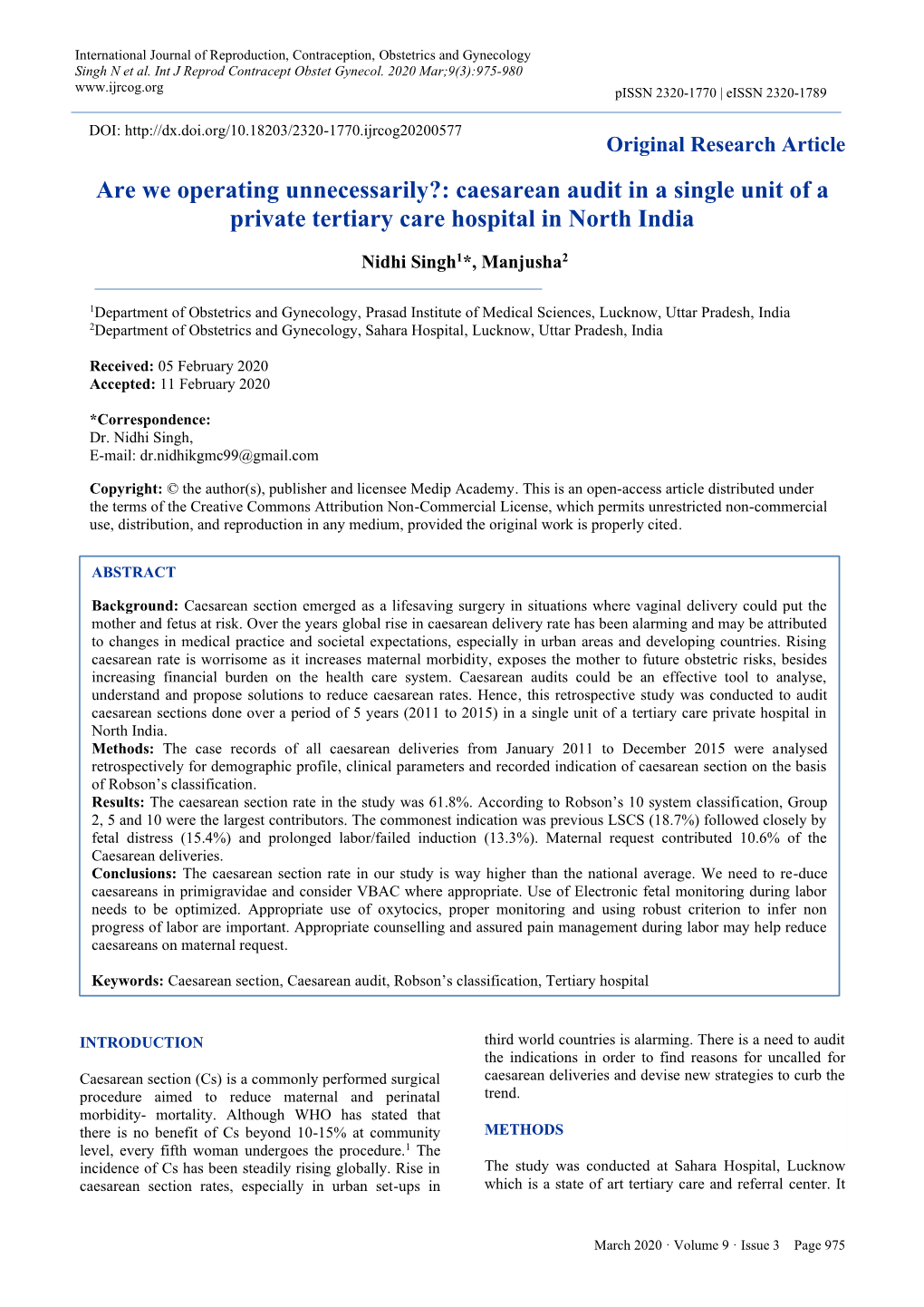 Caesarean Audit in a Single Unit of a Private Tertiary Care Hospital in North India