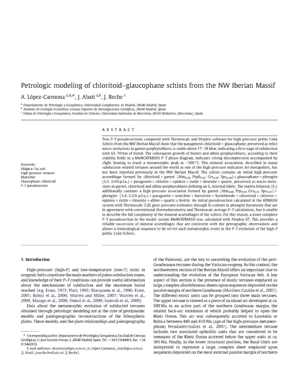 Petrologic Modeling of Chloritoid-Glaucophane Schists from the NW Iberian Massif