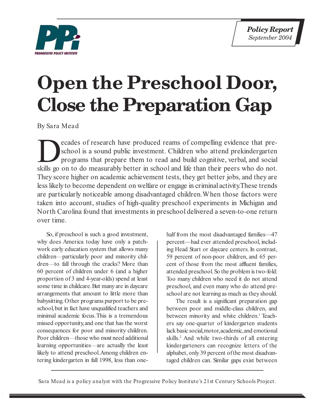 Open the Preschool Door, Close the Preparation Gap