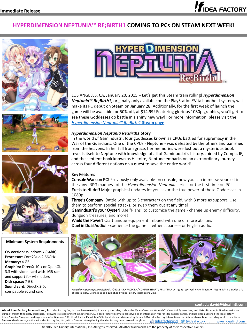 HYPERDIMENSION NEPTUNIA™ RE;BIRTH1 COMING to Pcs on STEAM NEXT WEEK!