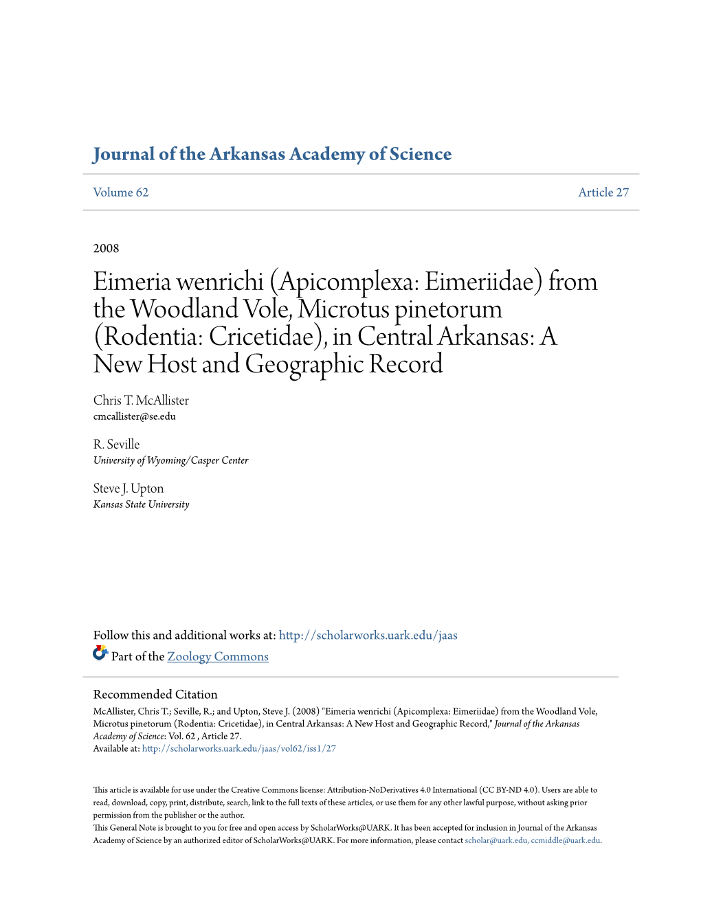 From the Woodland Vole, Microtus Pinetorum (Rodentia: Cricetidae), in Central Arkansas: a New Host and Geographic Record Chris T