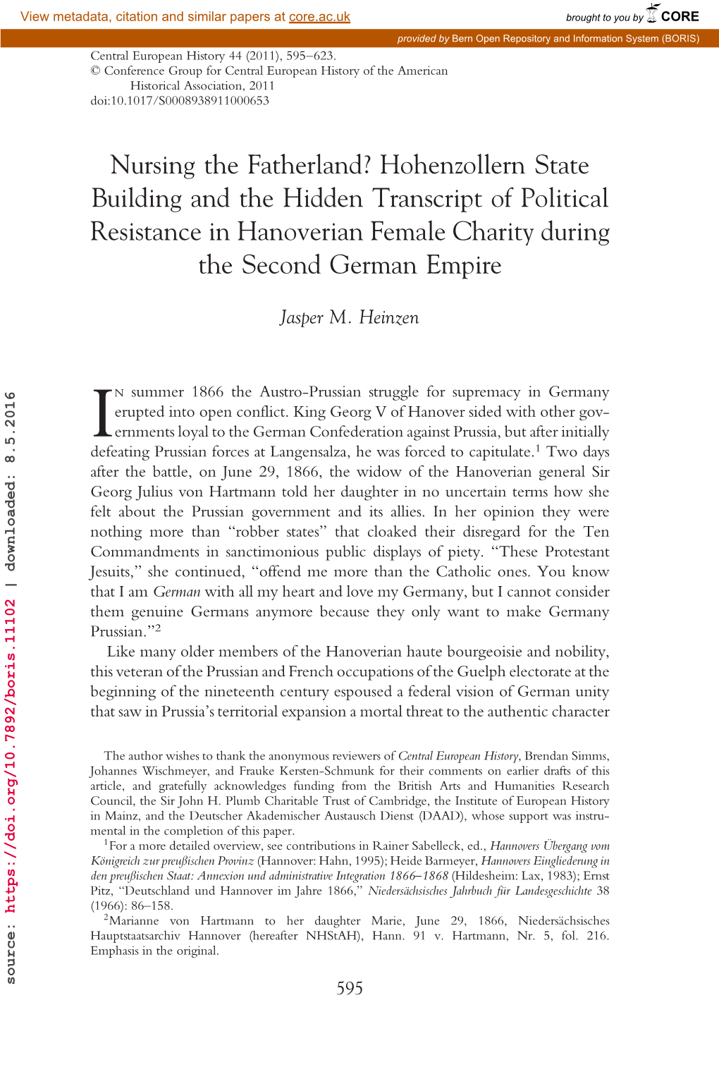 Hohenzollern State Building and the Hidden Transcript of Political Resistance in Hanoverian Female Charity During the Second German Empire