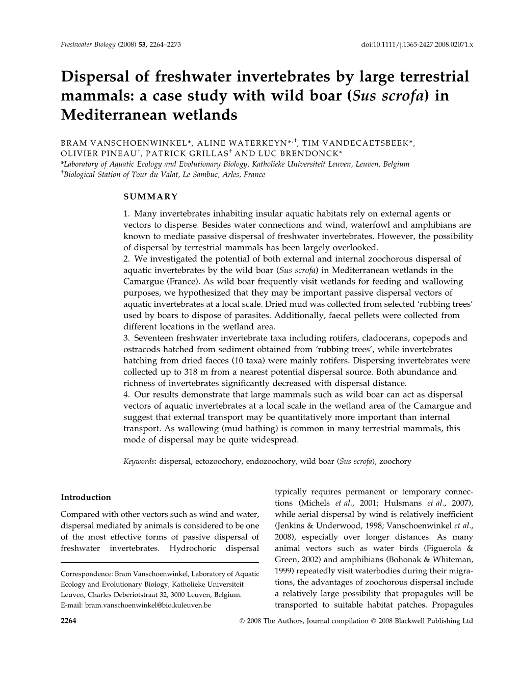 Dispersal of Freshwater Invertebrates by Large Terrestrial Mammals: a Case Study with Wild Boar (Sus Scrofa)In Mediterranean Wetlands