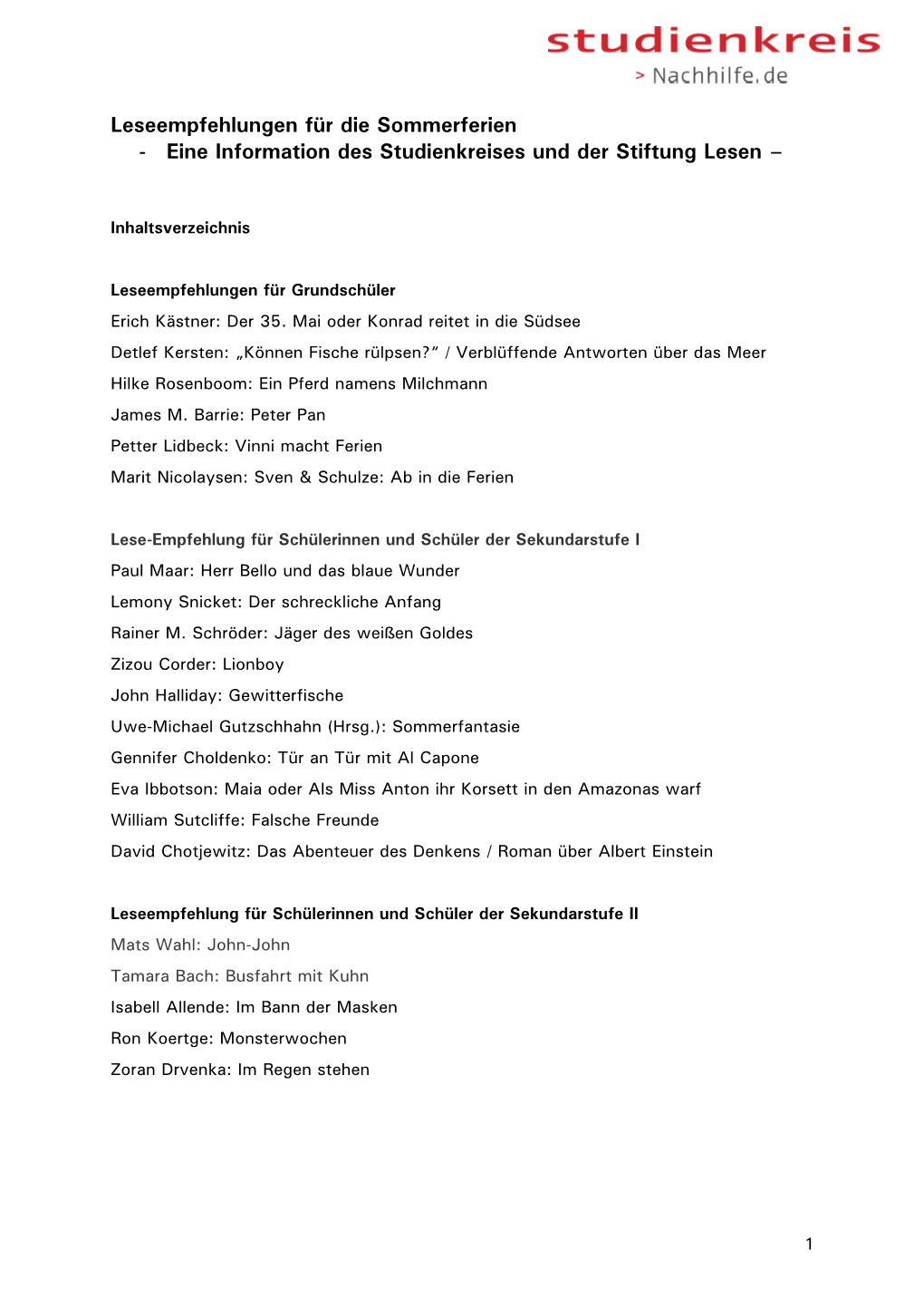 Leseliste Für Die Sommerferien Von Studienkreis Und Stiftung Lesen